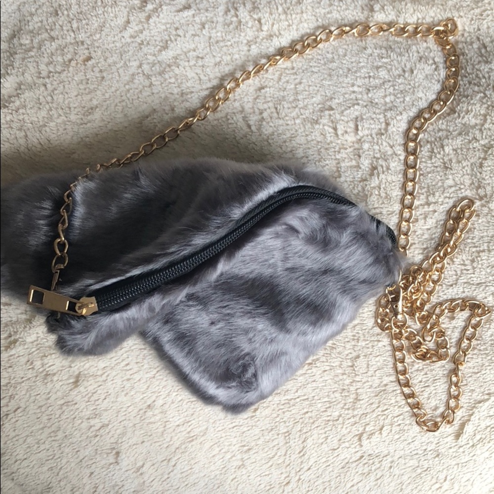Gray Faux furry Soft Gold Chain Shoulder Bag - Picture 2 of 2